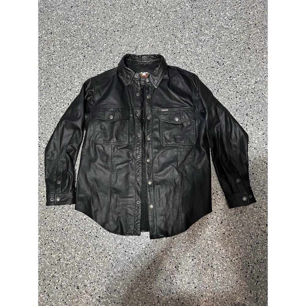 Harley Davidson Leather Jacket Mens M Black Cowhide Snap Button USA Biker - Picture 1 of 9